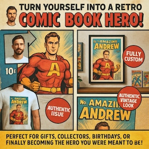 May include: A retro comic book cover template with a red, yellow, and blue color scheme. The cover features a superhero with a red costume and a large letter "A" on the chest. The text "To the Amazing Andrew" is at the top of the cover. The text "Fully Custom" is in the upper right corner. The text "Authentic Vintage Look" is in the lower right corner. The text "No. Amazing Andrew" is in the lower left corner. The text "Authentic Issue" is in the lower center.
