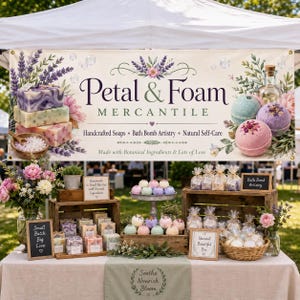 May include: A market stall display featuring a banner for Petal & Foam Mercantile with illustrations of lavender and bath bombs. The table holds wooden crates filled with handcrafted soaps, bath bombs in clear bags, and small chalkboard signs.
