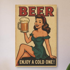 Retro Pin-Up Beer Advertising Metal Sign, Vintage Bar Plaque, Rustic Pub Wall Decor, Mancave Artwork, Brewery Tavern Hanging Gift