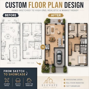 May include: A custom floor plan design service display showing a before and after comparison. The left side features black and white architectural sketches of ground and first floors. The right side shows colored, realistic 2D floor plan renderings.