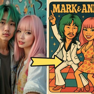 Personlig karikatyr av funky 70-tals discopar från foto - Roligt parporträtt i retrostil - Digital nedladdningsbar present till nära och kära bild 7