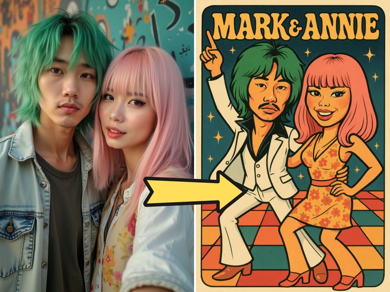 Personlig karikatyr av funky 70-tals discopar från foto - Roligt parporträtt i retrostil - Digital nedladdningsbar present till nära och kära bild 7