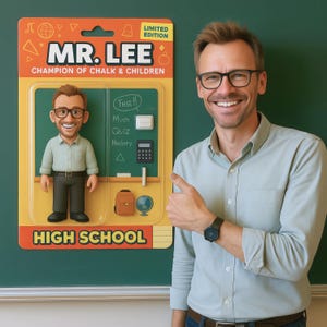 May include: A "Mr. Lee" action figure in a blister pack. The packaging is orange and yellow with the text "Champion of Chalk & Children" and "High School". The figure is a teacher with glasses, a light green shirt, and dark pants. The background is a green chalkboard.
