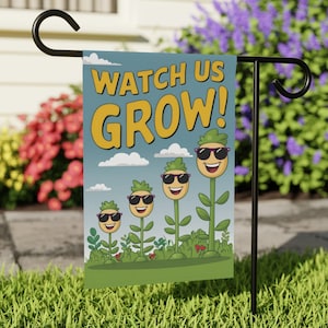 Happy Vegetables Outdoor Flag - Whimsical &quot;Watch Us Grow&quot; Garden Sign - Double Sided Print, Weather-Resistant Backyard Garden Art Decor