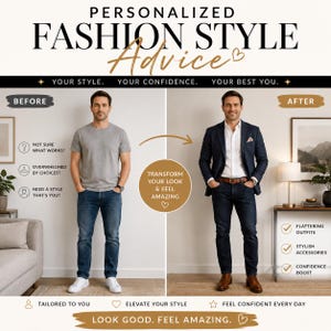 Puede incluir: Un gráfico dividido titulado PERSONALIZED FASHION STYLE ADVICE. El lado izquierdo muestra a una persona con una camiseta gris y vaqueros azules etiquetada como BEFORE. El lado derecho muestra a la misma persona con una americana azul marino, camisa blanca y vaqueros oscuros etiquetada como AFTER.