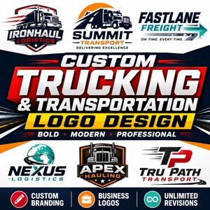 Könnte beinhalten: Eine Sammlung von individuellen Logo-Designs für Transport und Logistik mit verschiedenen LKW-Grafiken und Firmennamen wie Ironhaul Logistics, Summit Transport, Fastlane Freight, Nexus Logistics, Apex Hauling und Tru Path Transport in fetter Schrift.