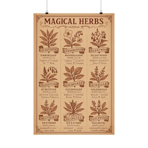 Stampa di poster di erbe magiche botaniche per decorazioni murali da strega, arte erboristica per dormitori ispirati alla natura, vibrazioni da farmacia di piante verdi