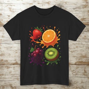 Fruit Splash T-Shirt - Colorful Summer Graphic Tee | Kiwi, Orange, Strawberry & Grapes Design | Fun Tropical Foodie Gift