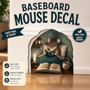 May include: A baseboard mouse decal featuring a brown mouse reading a book in a cosy burrow with floral wallpaper, a lit candle, and a mug. The text reads BASEBOARD MOUSE DECAL, EASY PEEL & STICK, WALL SAFE, RENTAL FRIENDLY, and lists product benefits.