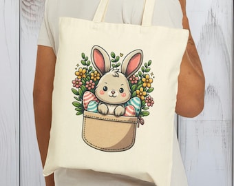 Sac fourre-tout en coton avec poche lapin de Pâques : accessoire écologique indispensable du printemps - Cabas de Pâques floral éthique, durable et résistant