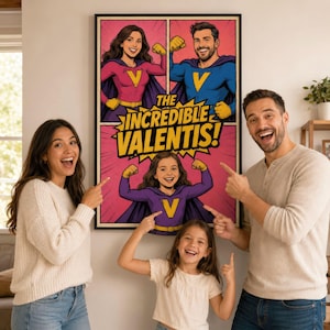 Puede incluir: Un póster rectangular de estilo cómic que presenta a tres personajes superhéroes con el texto THE INCREDIBLE VALENTIS! Los personajes llevan capas y trajes con un emblema de V. El fondo es rosa con líneas radiantes y detalles amarillos.
