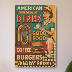 Vintage Diner Metal Wall Art Sign for Retro Kitchen Decor, Classic 50s Americana Style Gift for Food Lovers, Rustic Home Accent