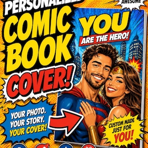 May include: A personalised comic book cover featuring a smiling couple dressed as superheroes against a city skyline. The text reads PERSONALIZED COMIC BOOK COVER, YOU ARE THE HERO, YOUR PHOTO. YOUR STORY. YOUR COVER, and CUSTOM MADE JUST FOR YOU.