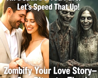 Puede incluir: Imagen dividida que muestra a una pareja sonriente a la izquierda y a una pareja de zombis a la derecha. El texto dice: "¿Hasta que la muerte nos separe? ¡Acelere eso! ¡Zombifica tu historia de amor, un bocado a la vez!"