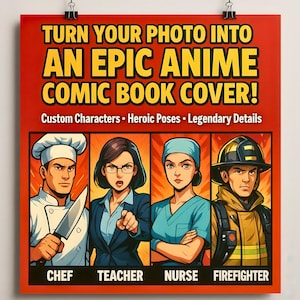 Personalized Profession Comic Book Cover from Photo - Epic Anime Style Portrait for Friends, Coworkers, Birthdays - Digital File Download