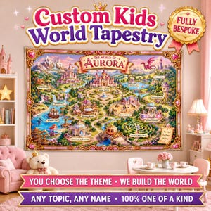 May include: A rectangular wall tapestry titled The World of Aurora, featuring a detailed fantasy map with a central castle, a dragon, a maze, and various landmarks. The border is ornate and gold with pink heart accents. Text includes Custom Kids World Tapestry.