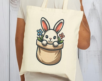 Sac fourre-tout en coton avec poche lapin de Pâques : optez pour le développement durable avec ce fourre-tout en toile floral éthique et durable - Cadeau de Pâques respectueux de l'environnement