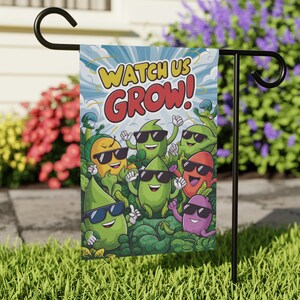 Happy Vegetables Outdoor Flag - Whimsical &quot;Watch Us Grow&quot; Garden Sign - Double Sided Print, Weather-Resistant Backyard Garden Art Decor