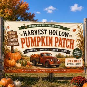 Puede incluir: Una pancarta rectangular para Harvest Hollow Pumpkin Patch con un camión naranja antiguo, calabazas y follaje otoñal. El texto incluye Family Fun All Autumn Long, Pumpkins, Hayrides, Games, Treats y Open Daily Sept 20 - Oct 31.