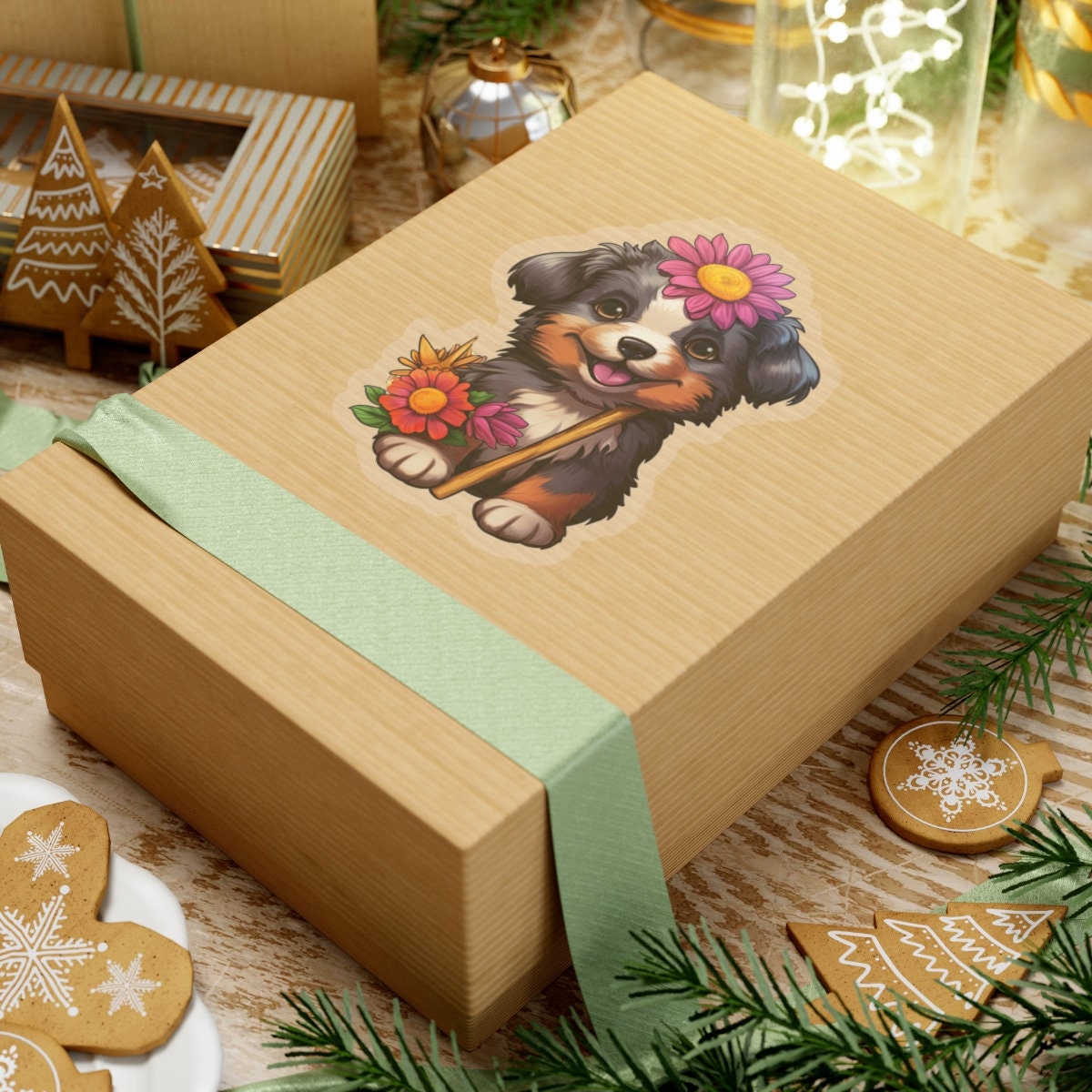 Adesivi Da Parete Rimovibili Cucciolo Con Fiori - 33x37 Cm - Vinile Ecologico Per Cameretta Bambini