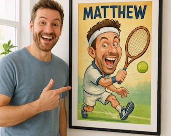 Custom Funny Tennis Caricature Portrait from Your Photo - Personalized Sports Gift for Tennis Players, Fans & Coaches - Digital Download