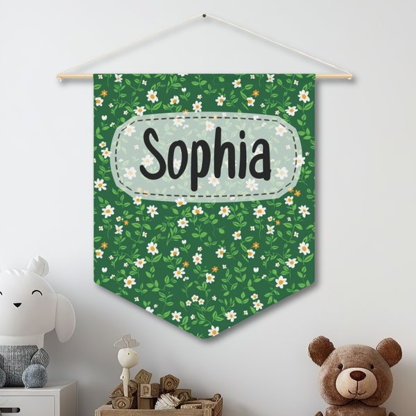 Custom Floral Wall Pennant for Kids - Personalize with Any Name - Colorful Room Decor - Unique Nursery Decoration Gift - Size: 18" × 21"