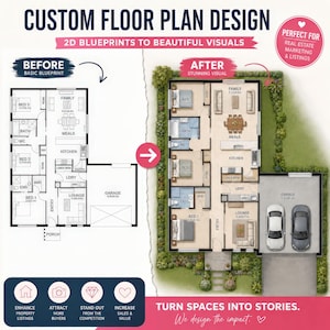 May include: A side-by-side comparison of a black and white 2D floor plan labeled BEFORE and a colored 3D architectural rendering labeled AFTER. The graphic includes the text CUSTOM FLOOR PLAN DESIGN, 2D BLUEPRINTS TO BEAUTIFUL VISUALS, and TURN SPACES INTO STORIES.
