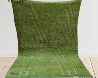 May include: A green Moroccan rug with a unique, abstract pattern. The rug has a subtle ombre effect, fading from a darker green to a lighter green.
