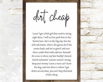 Dirt Cheap Framed Sign | Song Lyric Sign | Farmhouse Decor | Wall Decor