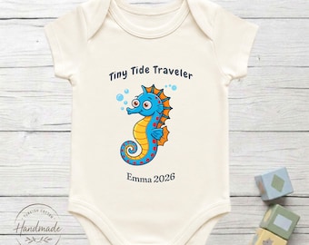Personalized Tiny Tide Traveler Seahorse Baby Bodysuit 100% Turkish Cotton Ocean Gift