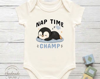 Nap Time Champ Penguin Baby Bodysuit 100% Turkish Cotton Baby Shower Sleepy Wear Gift