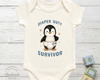 Diaper Duty Survivor Penguin Baby Bodysuit 100% Turkish Cotton Baby Shower Funny Gift