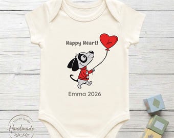 Personalized Happy Heart Dog Baby Bodysuit 100% Turkish Cotton Baby Shower Puppy Gift