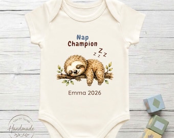 Personalized Nap Champion Sloth Baby Bodysuit 100% Turkish Cotton Baby Shower Sleeping Gift