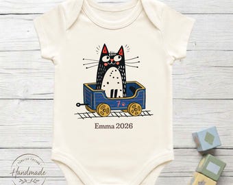 Personalized Cat Train Baby Bodysuit 100% Turkish Cotton Baby Shower Kitten Toy Gift
