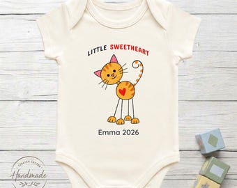 Personalized Little Sweetheart Cat Baby Bodysuit 100% Turkish Cotton Baby Shower Kitten Gift