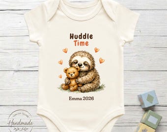 Personalized Huddle Time Sloth Baby Bodysuit 100% Turkish Cotton Baby Shower Teddy Gift