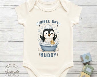 Bubble Bath Buddy Penguin Baby Bodysuit 100% Turkish Cotton Baby Shower Ducky Gift