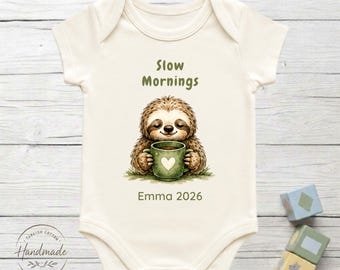 Personalized Slow Mornings Sloth Baby Bodysuit 100% Turkish Cotton Baby Shower Coffee Gift