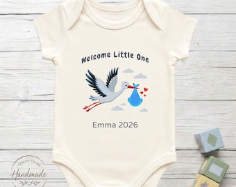 Personalized Stork Baby Bodysuit 100% Turkish Cotton Baby Shower Pregnancy Announcement Gift