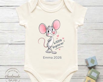 Personalized Little Explorer Mouse Baby Bodysuit 100% Turkish Cotton Baby Shower Mice Gift