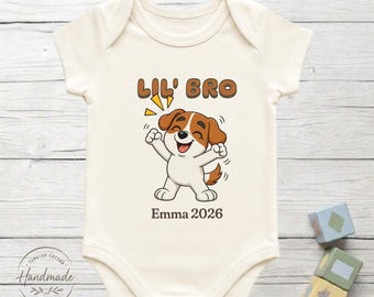 Personalized Lil' Bro Puppy Dog Bodysuit, 100% Turkish Cotton Baby Gift
