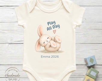 Personalized Play All Day Bunny Baby Bodysuit 100% Turkish Cotton Baby Shower Rabbit Gift