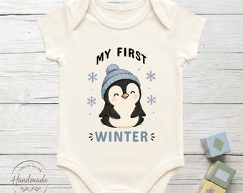 My First Winter Penguin Baby Bodysuit 100% Turkish Cotton Baby Shower Holiday Christmas Gift