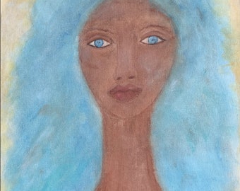 Striking Woman Portrait, Woman Emerging From Light, Blue Brown Watercolot Print, Giclee Canvas Print Signed, Abstract Female Art