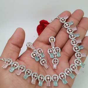 CZ Choker Necklace Set, American Diamond, Silver Finish, Bridal Jewelry