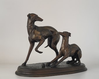 Cold Cast Bronze Sculpture depicting a pair of Whippets / Greyhounds playing with a ball - signed Oliver Tupton - Ref: 1868