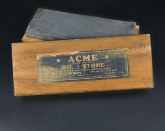Vintage Sharpening Stone ~ ACME Original Box ~ Knife Blade Hone ~ Sharpening Tool ~ ACME Oil Stone ~ Old Honing Stone ~ Blade Care
