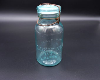 Vintage Aqua Blue "Lightning" Canning Jar ~ Trade Mark Lightning ~ Putnam 113 ~ Embossed Aqua Canning Jar ~ Antique Canning Jar ~ Americana