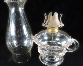 Antique Pressed Glass Oil Lamp with Finger Hole, Chimney & Brass Burner ~ Early Americana